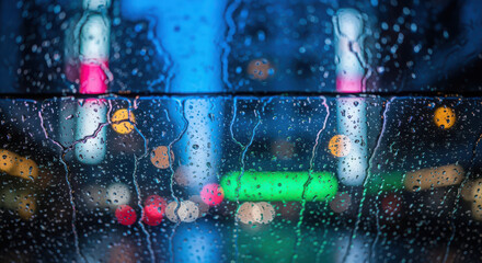 Rainy night city view through wet window with blurred colorful urban lights