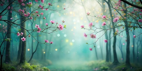 Misty forest with blurred flowers and tree branches on a soft green bokeh background