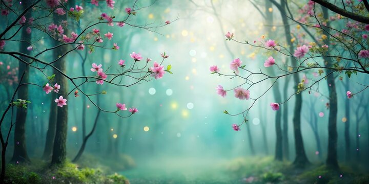Misty forest with blurred flowers and tree branches on a soft green bokeh background - Powered by Adobe
