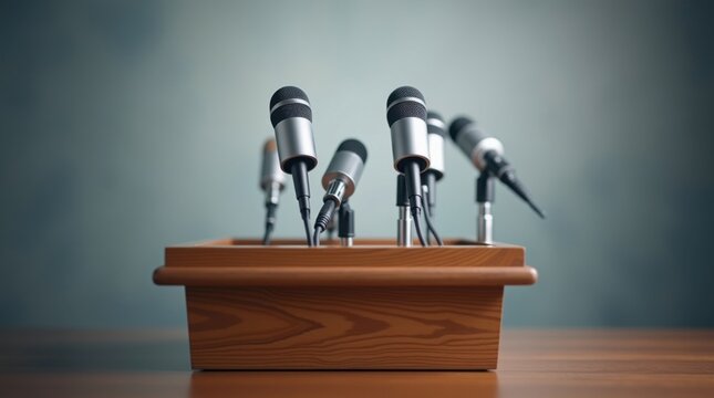 Atril de prensa profesional de madera con varios micr&oacute;fonos