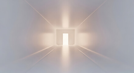 Bright illuminated door at the end of a long white abstract tunnel corridor