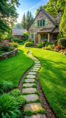 Fototapeta premium Lush green grass and a winding stone path meandering through a serene backyard leading up to a cozy cottage