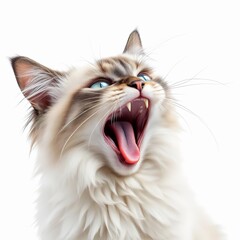 Fluffy ragdoll cat with bright blue eye roaring or yawning with mouth wide open showing sharp tooth isolated on white background