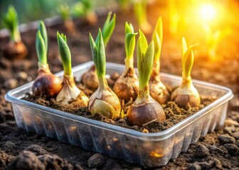 Gladiolus bulbs planted in a plastic box with fertile soil awaiting germination and sprouting growth in warm sunlight