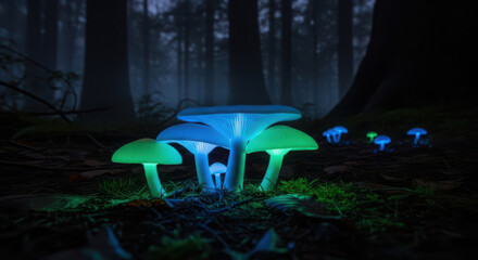 Bioluminescent mushrooms glowing vibrant blue and green in a mystical dark forest.