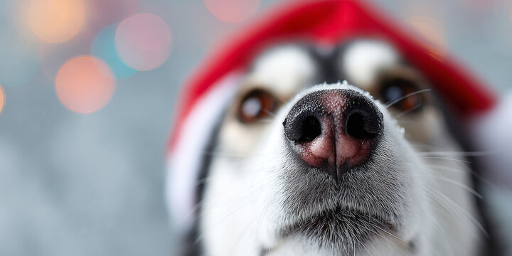 Close-up of a dog's nose with snowflakes wearing a red Santa hat with blurred festive lights in the background