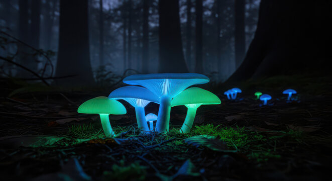 Bioluminescent mushrooms glowing vibrant blue and green in a mystical dark forest. - Powered by Adobe