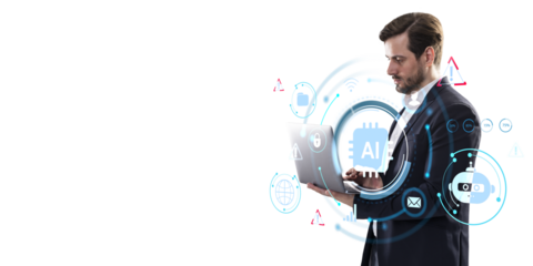 Businessman using laptop with AI and tech icons, abstract digital style, on white background. Concept of artificial intelligence and innovation