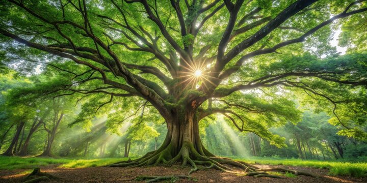 Ancient tree standing tall amidst lush green forest foliage with sunlight filtering through leaves