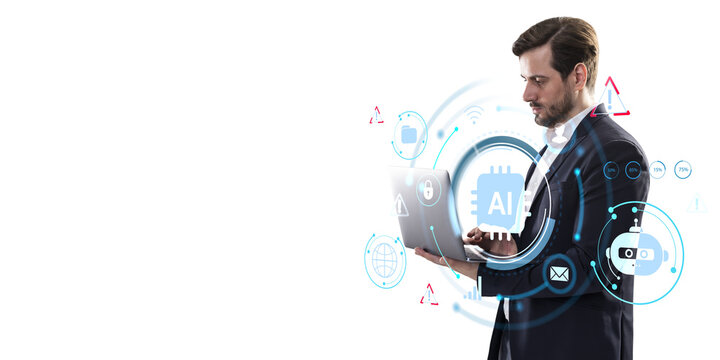 Businessman using laptop with AI and tech icons, abstract digital style, on white background. Concept of artificial intelligence and innovation