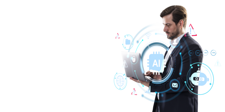 Businessman using laptop with AI and tech icons, abstract digital style, on white background. Concept of artificial intelligence and innovation