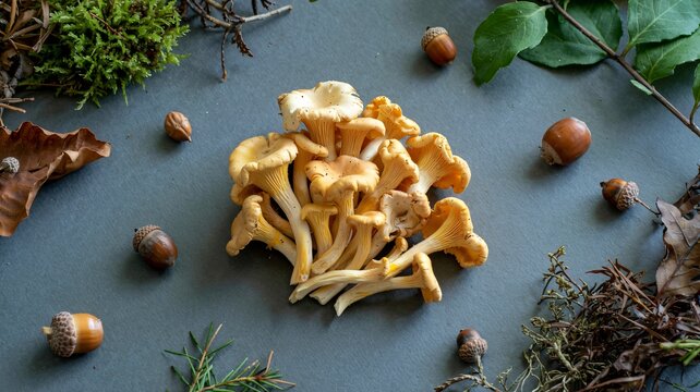 Fresh wild yellow chanterelle mushrooms surrounded by natural forest elements - Powered by Adobe