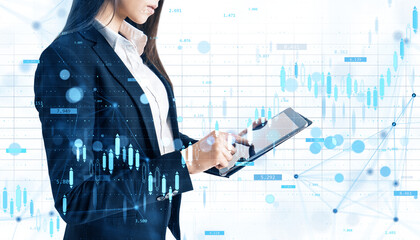 Businesswoman using digital tablet with abstract financial graph and stock chart overlay, on white background, concept of market analysis