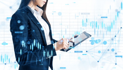 Businesswoman using digital tablet with abstract financial graph and stock chart overlay, on white background, concept of market analysis