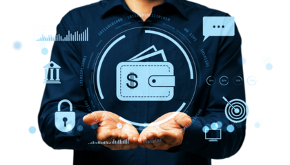 Businessman showing digital wallet icon with financial and blockchain symbols in modern graphic style on clean white background, concept of virtual money