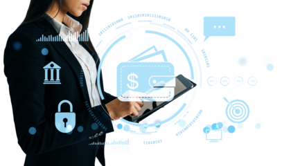 Woman in suit using tablet with digital wallet icon and virtual interface graphics, on white background, concept of online transaction and mobile payment