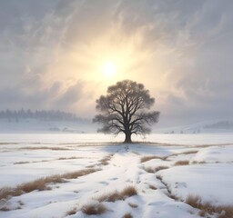 Lonely tree with snowy landscape