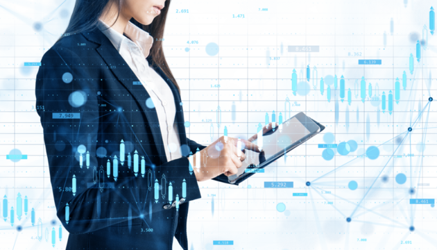 Businesswoman using digital tablet with abstract financial graph and stock chart overlay, on white background, concept of market analysis - Powered by Adobe