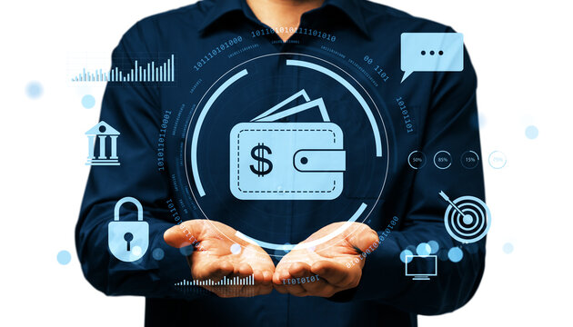 Businessman showing digital wallet icon with financial and blockchain symbols in modern graphic style on clean white background, concept of virtual money