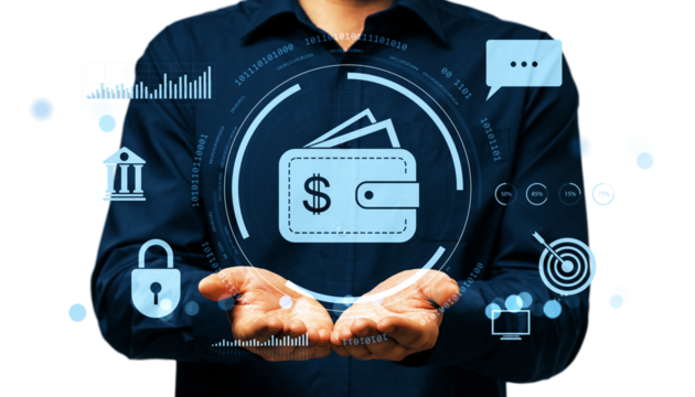 Businessman showing digital wallet icon with financial and blockchain symbols in modern graphic style on clean white background, concept of virtual money