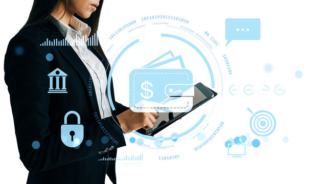 Woman in suit using tablet with digital wallet icon and virtual interface graphics, on white background, concept of online transaction and mobile payment