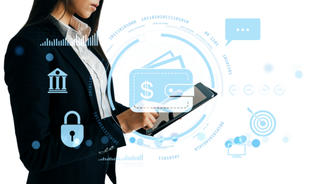 Woman in suit using tablet with digital wallet icon and virtual interface graphics, on white background, concept of online transaction and mobile payment