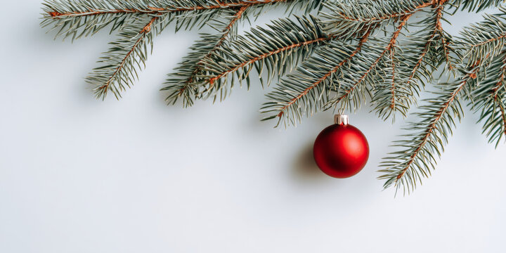 Minimalist Christmas composition with green pine branches and a single red bauble ornament on a white background
