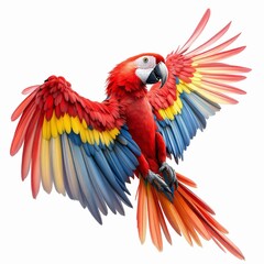 Fototapeta premium Vibrant scarlet macaw parrot flying with wings spread wide isolated on white background