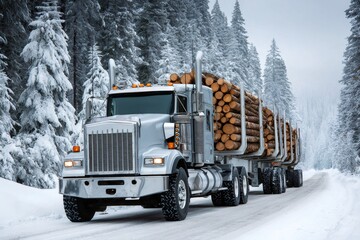 Logging truck transporting timber on winter forest road