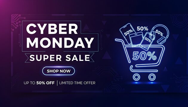 A neon-themed Cyber Monday ad with bold discounts and a glowing shopping cart—perfect for tech-savvy shoppers. - Powered by Adobe
