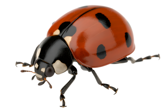 Close up of a red ladybug with black spots on a black background