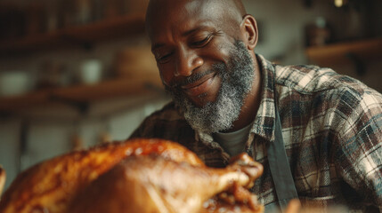 Man with gray beard smiling at a roasted turkey wearing a plaid shirt and a gray apron