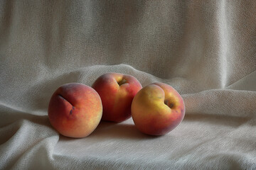 Minimal Still Life of Peaches on Linen Fabric with Natural Light