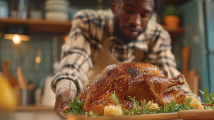 Man presenting a roasted turkey on a platter garnished with herbs in a kitchen setting