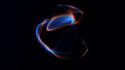 Abstract soft liquid sphere with smooth orange, blue and pink gradient light on a dark minimal background. Glowing dynamic curves create a futuristic flowing energy shape.