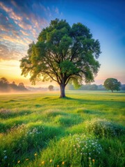 Obraz premium Serene park landscape at dawn with a majestic tree standing tall amidst lush green grass and wildflowers