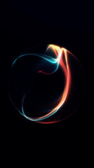 Vertical abstract glowing orb with pink and green flowing neon curves forming smooth dynamic energy shapes on a dark background.