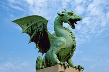 Dragon Statue on the Dragon Bridge. The Dragon is the Symbol of Ljubljana. Ljubljana, Slovenia