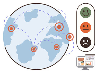 Obraz premium Earth map with location markers connected by dotted lines, sentiment emotions, and data on desktop screen. Ideal for feedback analysis, sentiment tracking, consumer insights, global reach