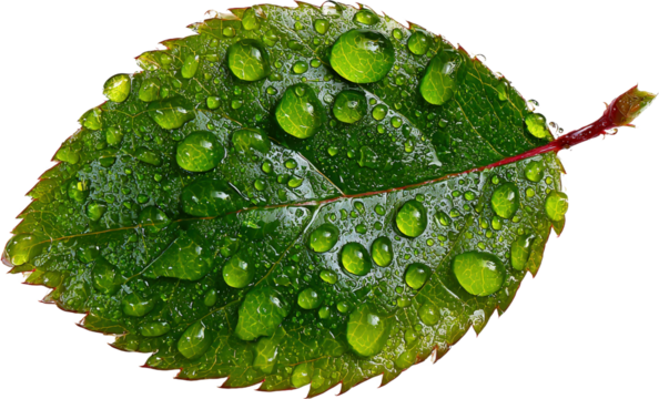 Fresh green leaf with water droplets showing natural beauty