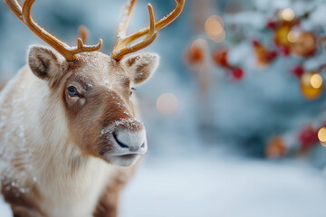 Fototapeta premium Majestic Reindeer with Glowing Golden Antlers in Snowy Forest