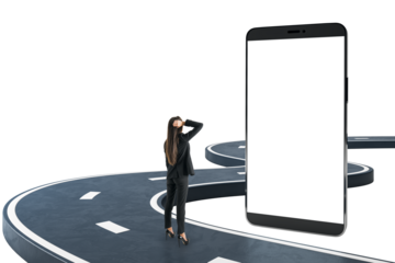 Woman in business attire standing on curved road facing blank smartphone screen, clean white background, symbolizing tech-driven career choices