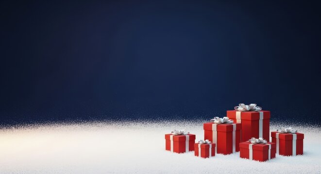 Elegant Red Christmas Gift Boxes on Snowy Ground with Deep Blue Background and Copy Space