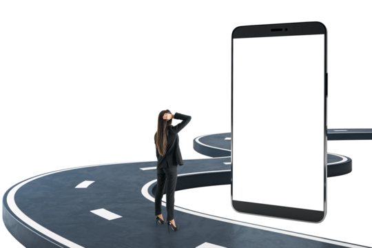 Woman in business attire standing on curved road facing blank smartphone screen, clean white background, symbolizing tech-driven career choices