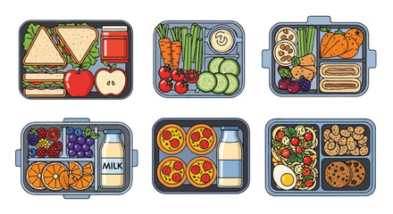 A vibrant 2D flat vector illustration set featuring a healthy packed lunchbox filled with fresh fruits, vegetables, drinks, and assorted sandwiches on a clean white background.