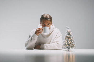 Man Reviewing Year-End Goals with Christmas Mug