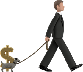 Businessman walking with a dollar sign dog on a leash