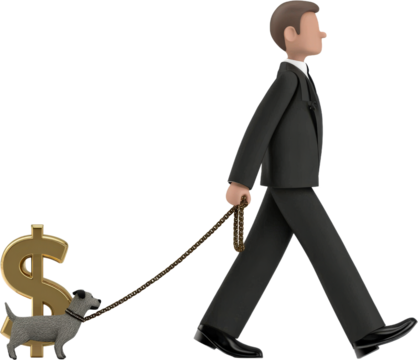 Businessman walking with a dollar sign dog on a leash - Powered by Adobe