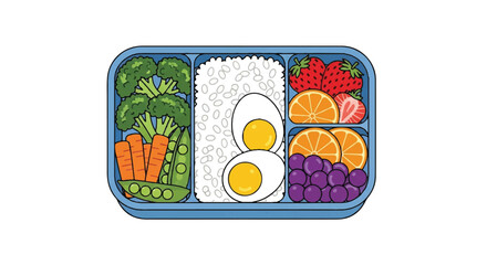 A healthy lunchbox arrangement featuring colorful fruits, cooked eggs, fluffy rice, and fresh vegetables is presented as a vibrant 2D flat vector illustration on a clean white background.