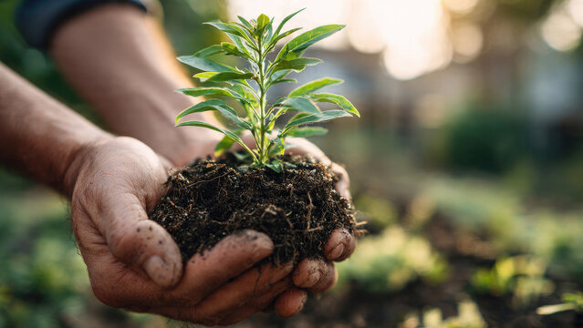 Cupped hands hold a vibrant green seedling emerging from dark soil, symbolizing new life, growth, and sustainable gardening practices. - Powered by Adobe